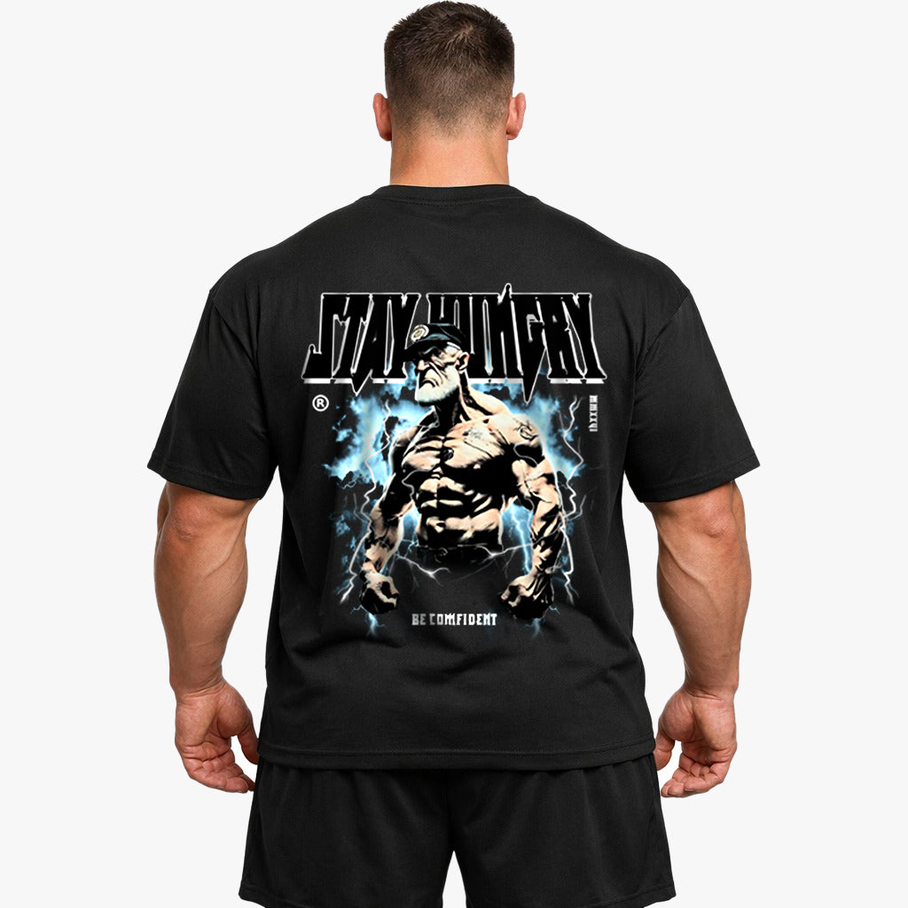 Blijf hongerig oversized shirt (rugafdruk).
